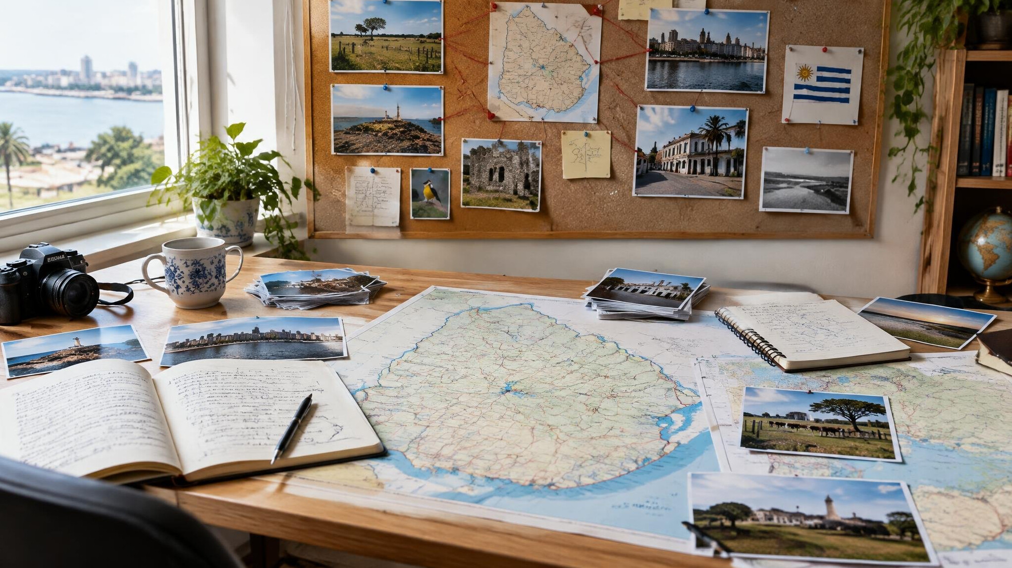 Editorial office desk with maps, notes and photographs pinned to a board